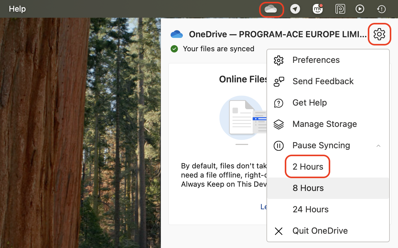 Click the OneDrive icon, open Help & Settings, and select Pause syncing for 2 hours to temporarily stop file synchronization.