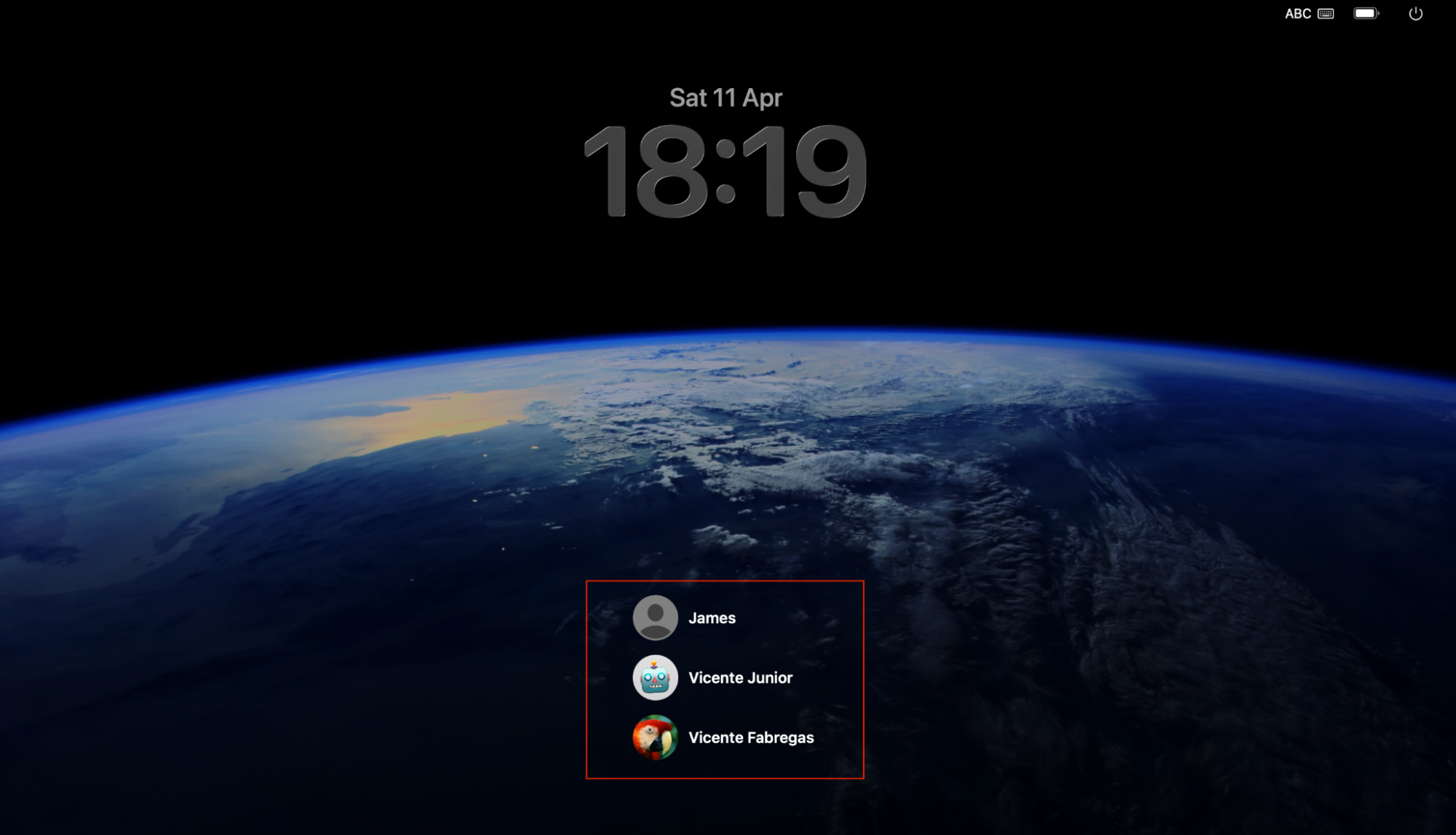 macOS Sonoma Lock Screen on an Apple laptop displaying user account icons, where you click the account you want to access and switch users.