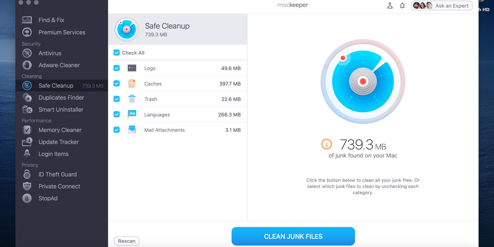 After initiating a scan using MacKeeper's Safe Cleanup tool, click Clean Junk Files to start clearing your Mac. This can help speed up Ventura.