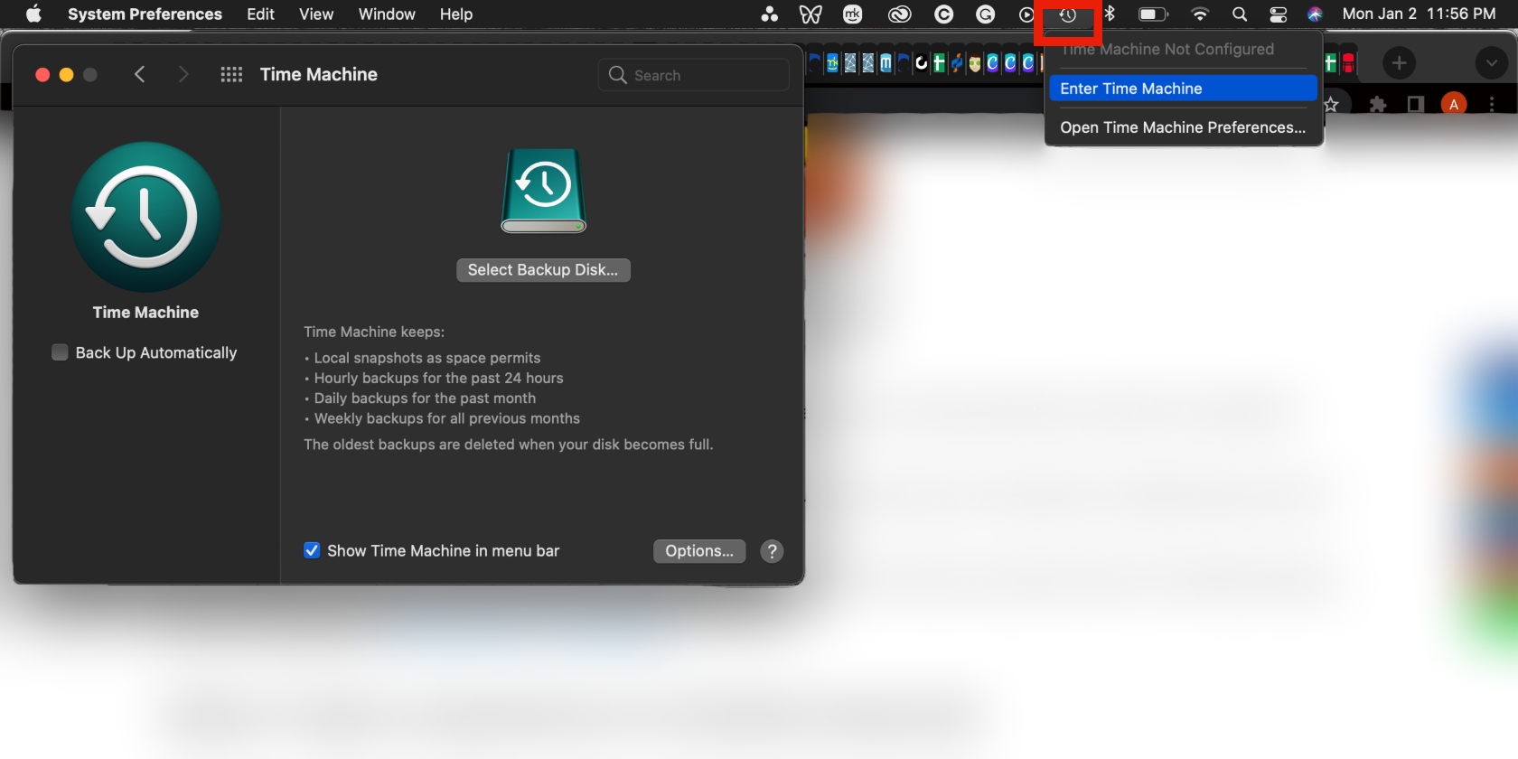 Then, in the Time Machine settings, you need to tick the box next to Show Time Machine in menu bar, click the app's icon in the top menu, and select the Enter Time Machine option.