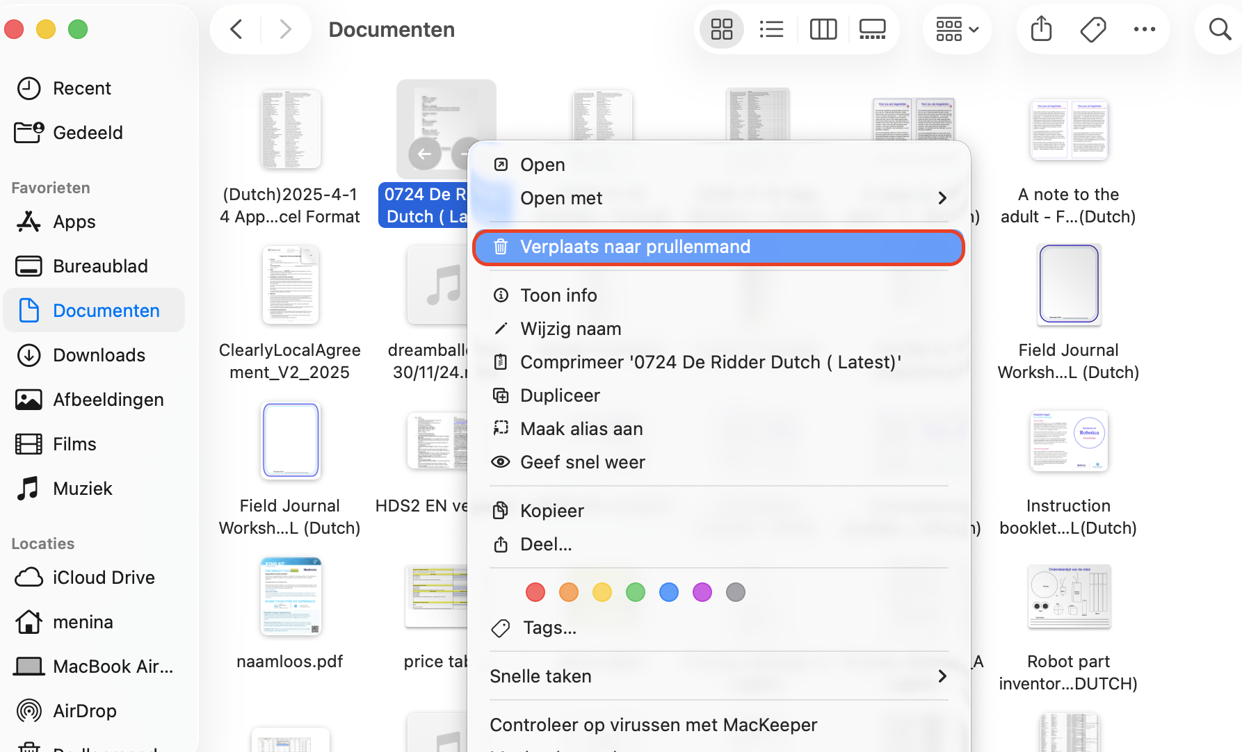 Om grote bestanden op je Mac te verwijderen, selecteer de bestanden die je niet meer nodig hebt, klik met de rechtermuisknop en kies Verplaats naar Prullenmand.