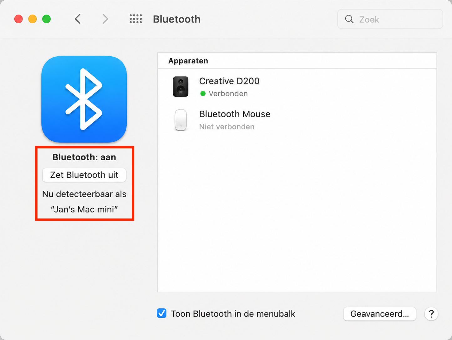 Het Bluetooth-instellingen venster toont de volledige informatie over de huidige status van Bluetooth op een Mac