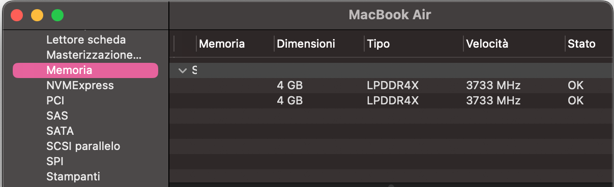 In Resoconto di sistema, scegli Memoria dalla barra laterale e verifica la presenza di slot disponibili o informazioni sulla possibilità di aggiornare la RAM.