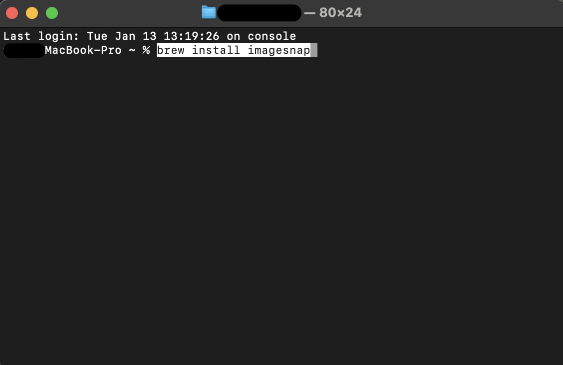 Type brew install imagesnap into the command line and press Return to install the utility required to capture photos via Terminal.