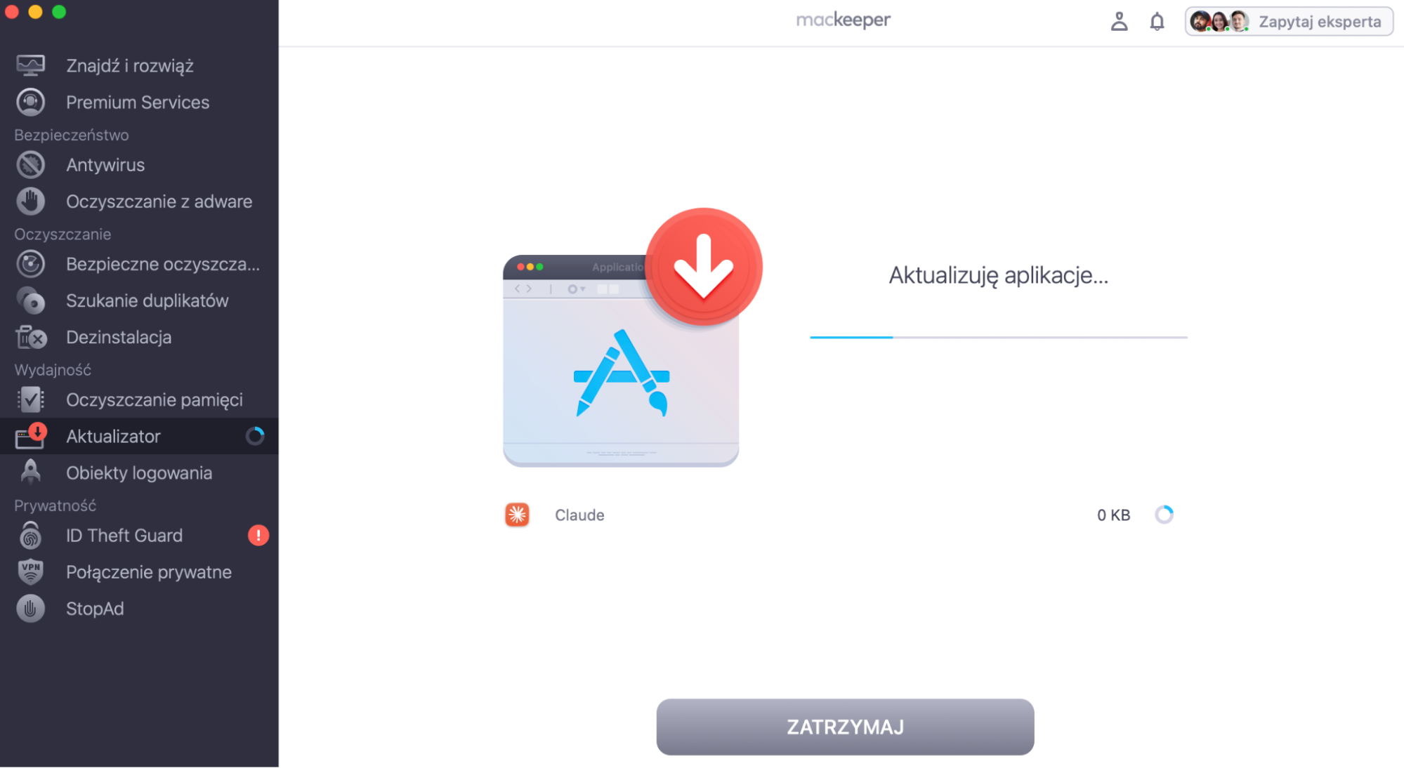 Pozwól, aby Update Tracker MacKeepera wykonał swoją pracę. Nie przerywaj procesu.