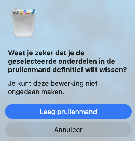De bevestigingsmelding  Leeg prullenmand die door de app wordt weergegeven om de verwijderactie te bevestigen. Selecteer opnieuw Leeg prullenmand.