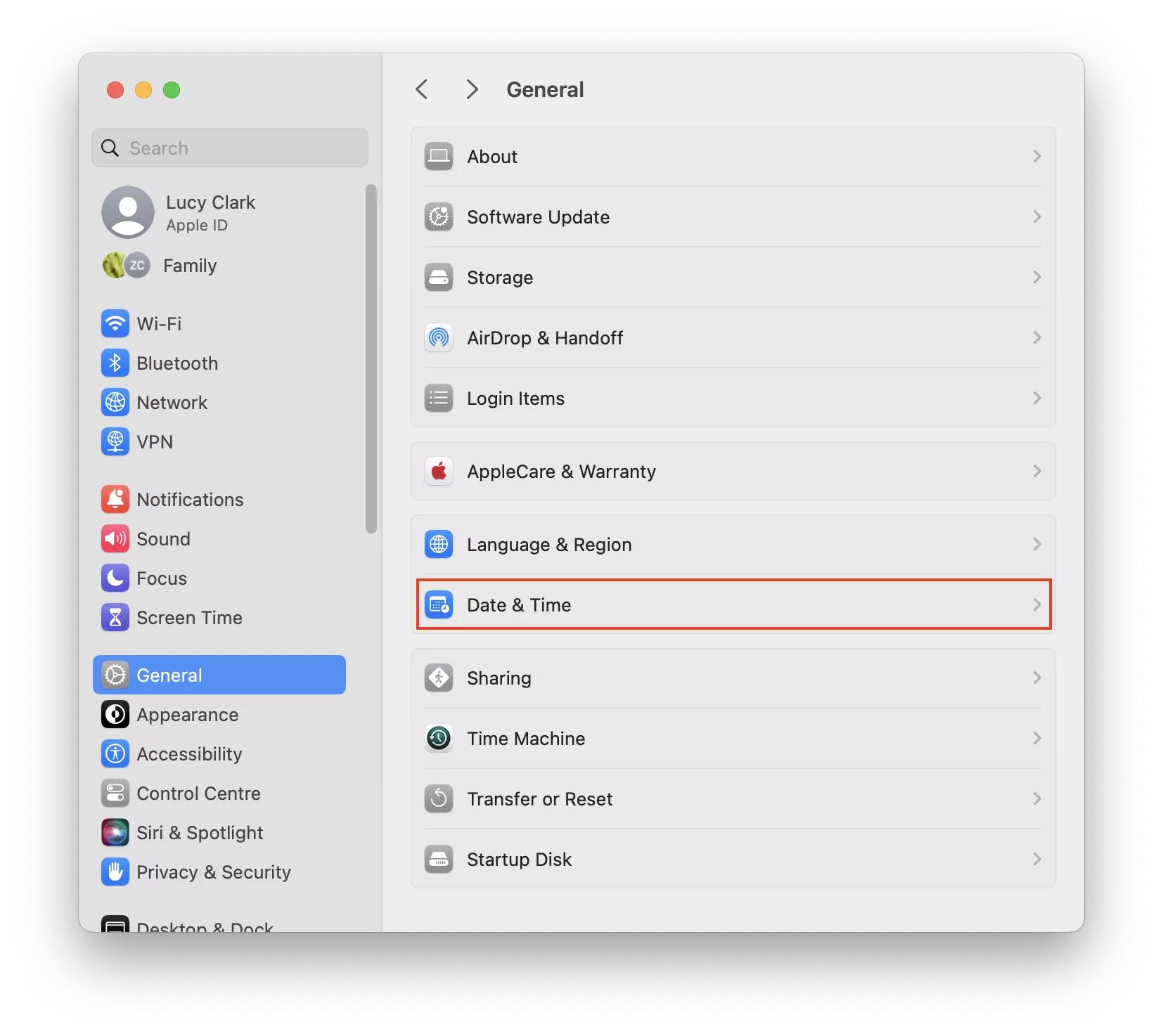 General settings are shown on a Mac screen. Select Date & Time to check the date & time settings on your MacBook device.