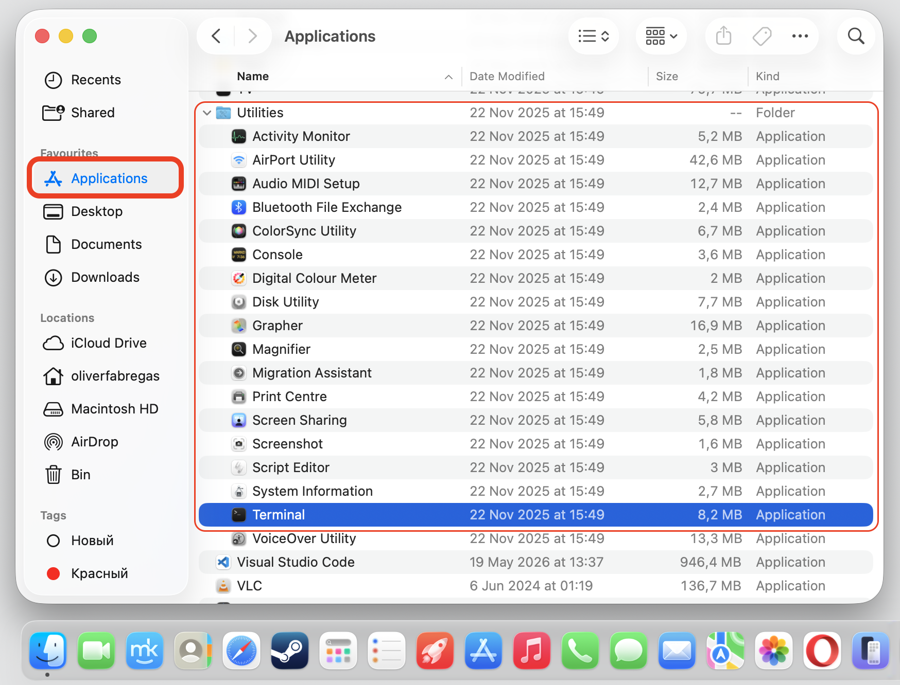 Finder Applications window on a MacBook with the Utilities folder open and Terminal selected, the advanced way to clear the quarantine flag.