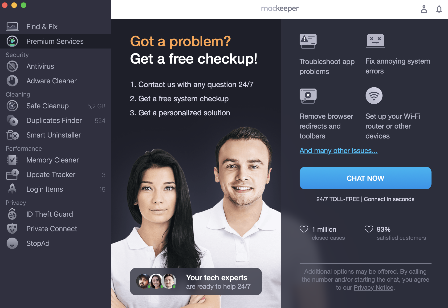 To learn how to fix FaceTime on your Mac, run MacKeeper and select Premium Services, then click Chat Now.