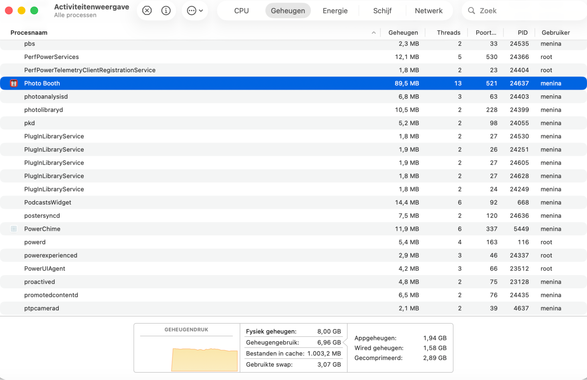 Sluit andere applicaties die de camera mogelijk gebruiken. Open de Activiteitenweergave-applicatie via Applicaties > Hulpprogramma’s > Activiteitenweergave. Sluit in het Dock en in Activiteitenweergave alle applicaties die de camera van je Mac mogelijk gebruiken.