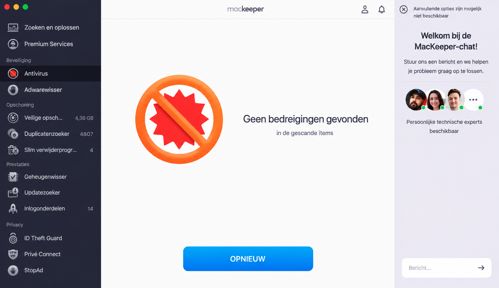 De Antivirus-tool van MacKeeper nadat een scan is voltooid en er geen bedreigingen zijn gevonden. Dit maakt deel uit van een handleiding over hoe je een virusscan uitvoert om valse McAfee pop ups op een Mac te stoppen.