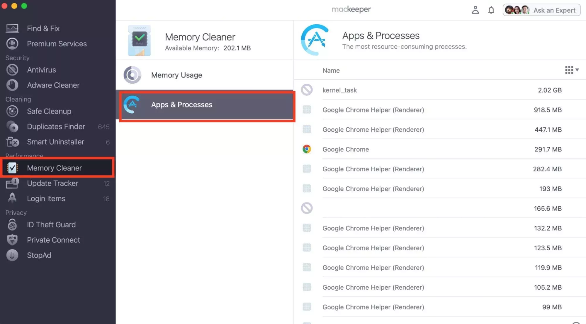 MacKeeper’s Memory Cleaner is opened on a Mac device. Click on Apps & Processes and hit the X next to Outlook to fix high CPU usage.