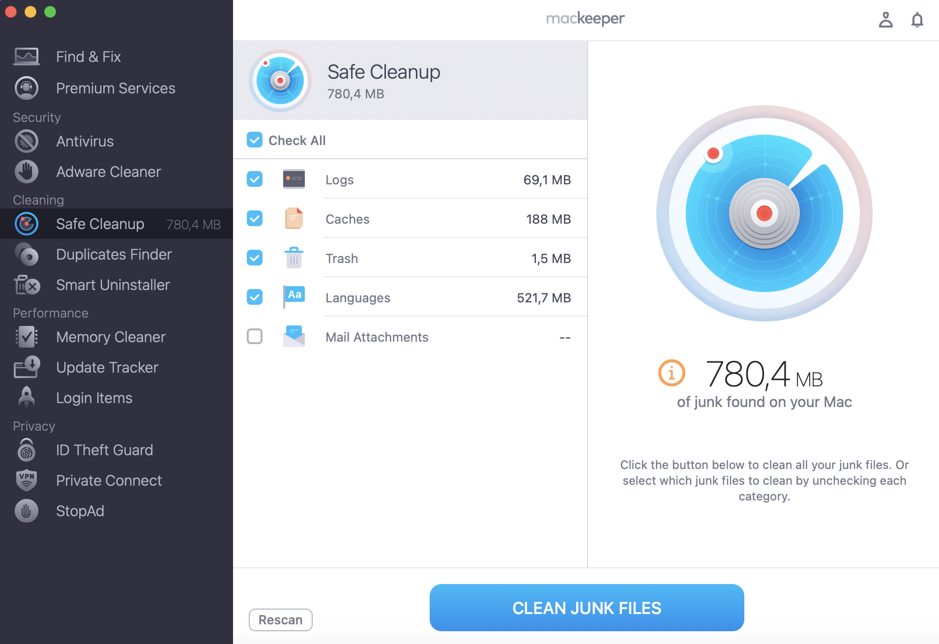 Finish the cleaning process by choosing the required category of redundant files to be deleted from your MacBook or remove all the clutter in one click by clicking Clean Junk Files.