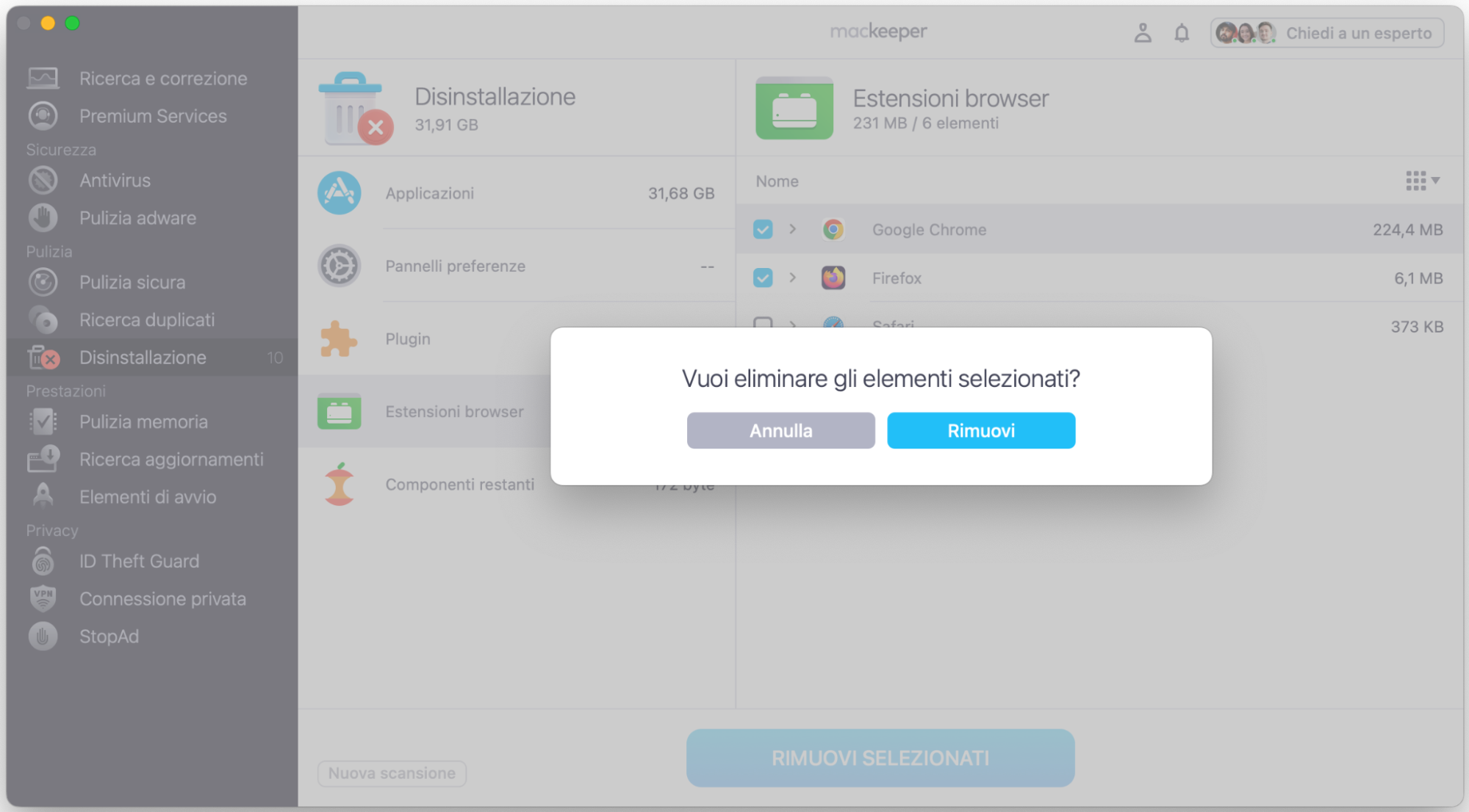 Ora, nell’elenco delle estensioni del browser visualizzato nei risultati della scansione della Disinstallazione di MacKeeper, seleziona le caselle corrispondenti alle estensioni che vuoi rimuovere e fai clic su Rimuovi selezionati dal tuo Mac.