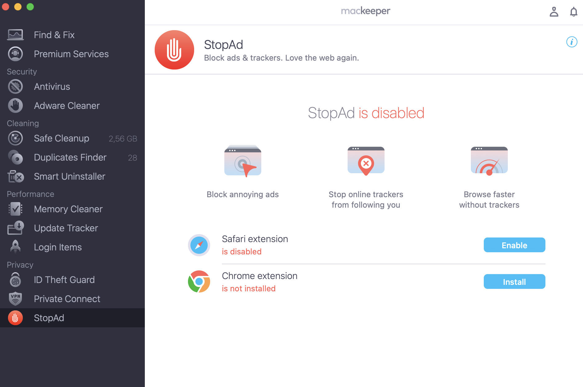 To protect the default browser from ads, run Mackeeper and select StopAd. Following the on-screen prompts, install the Safari and Chrome extensions.
