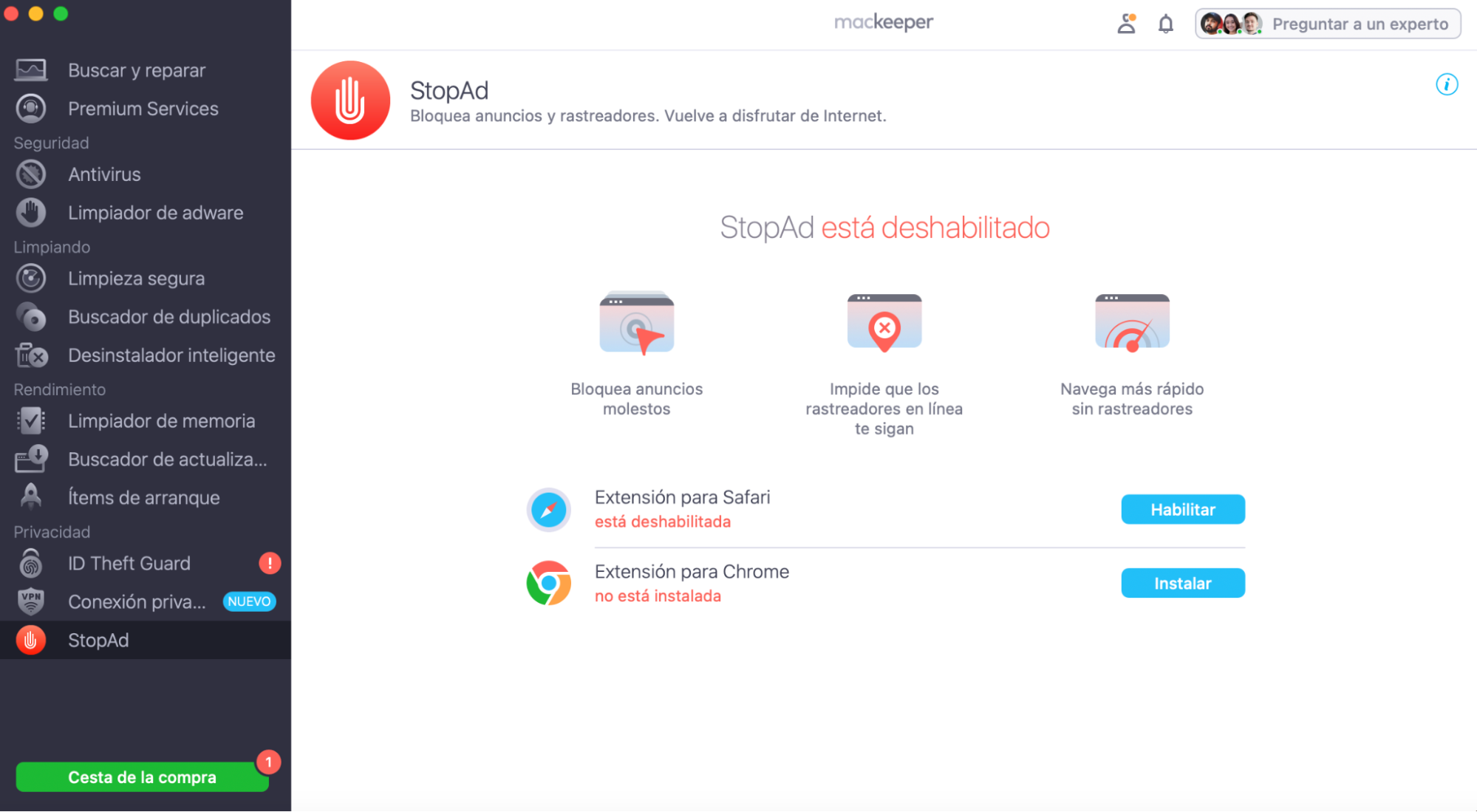 Para detener los molestos anuncios y evitar que los anunciantes espíen en Internet, utiliza StopAd de MacKeeper. Inicia MacKeeper y selecciona StopAd. Haz clic en Instalar junto a tu navegador.