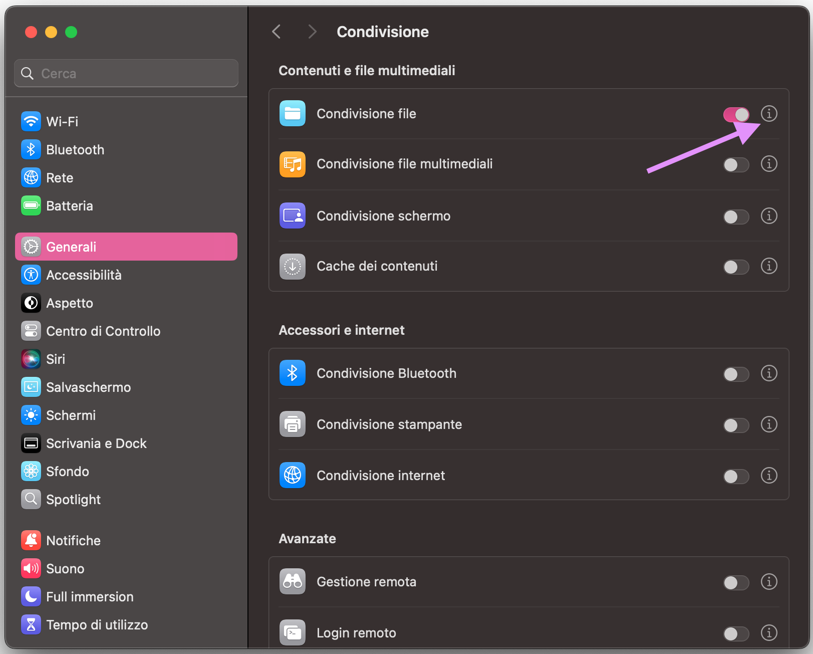 Impostazioni di Sistema su Mac mostra il menu Condivisione. Per usare la condivisione file via Bluetooth e copiare file da un Mac all’altro, fai clic sull’icona i accanto a Condivisione file per accedere alle preferenze.