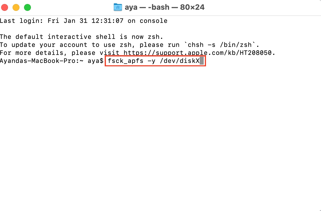 Mac’s Terminal app is opened in Recovery mode. To check disk health using fsck_apfs for APFS file systems, enter the command fsck_apfs -y /dev/diskX.