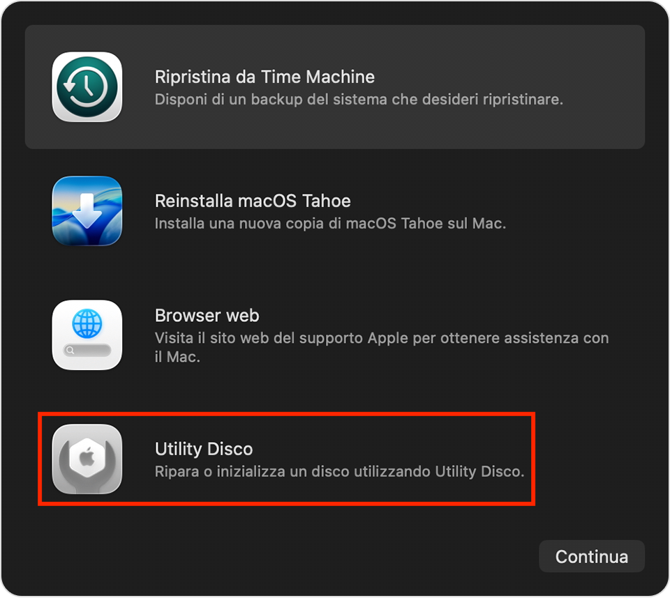 Un elenco di opzioni di recupero nella modalità di recupero di macOS su Mac. Puoi riparare i permessi del disco selezionando Utility Disco, poi cliccando su Continua.