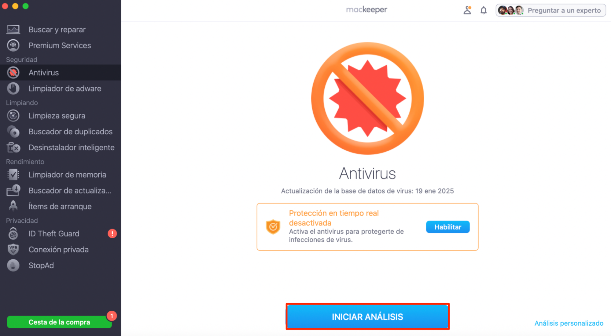 El Antivirus de MacKeeper. Iniciar análisis está resaltado. Cómo instalar software antivirus y ejecutar un escaneo, parte de una guía sobre cómo eliminar las ventanas emergentes falsas de McAfee en Mac.