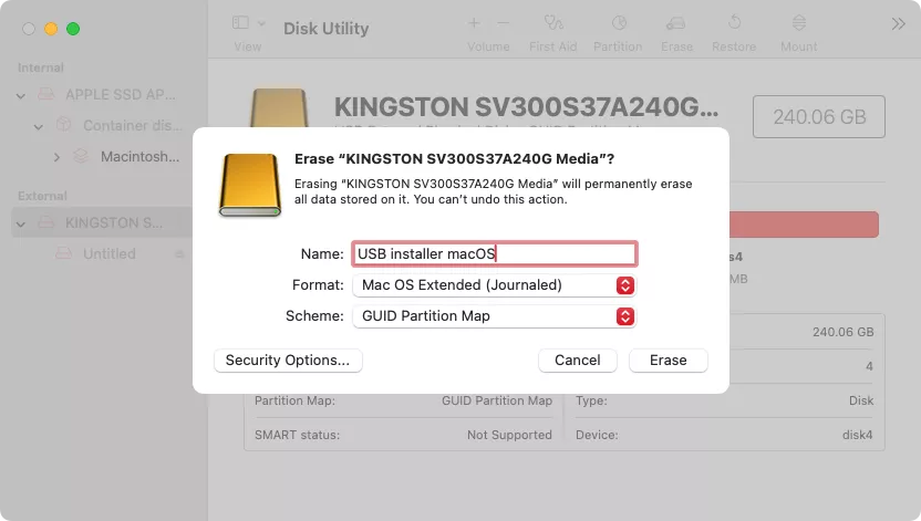 To create a bootable USB drive, you need to format a pen drive or an external hard disk using the macOS Disk Utility tool.
