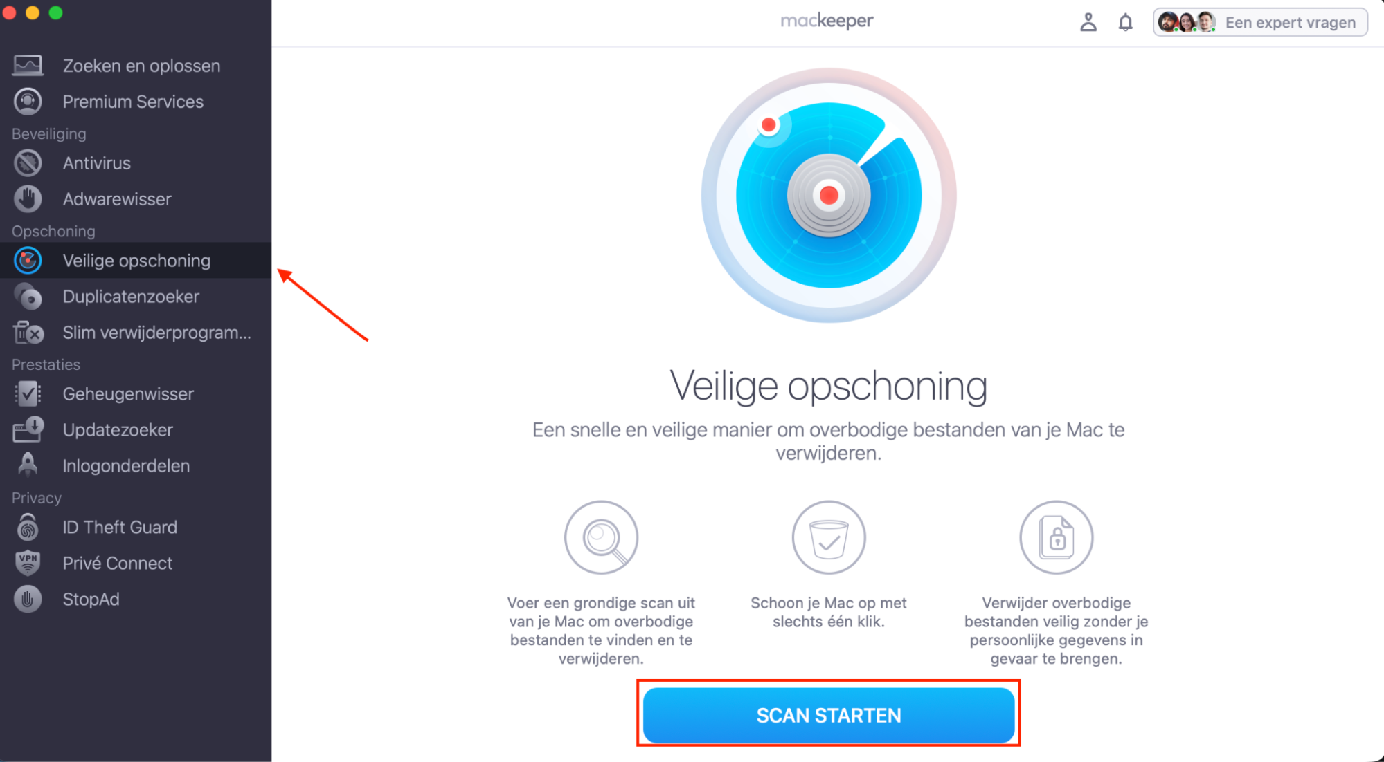 De functie Veilige opschoning van MacKeeper zoekt op je Mac naar overbodige gegevens die je veilig kunt verwijderen, zodat je systeem sneller wordt. Klik op de knop Start om te beginnen.