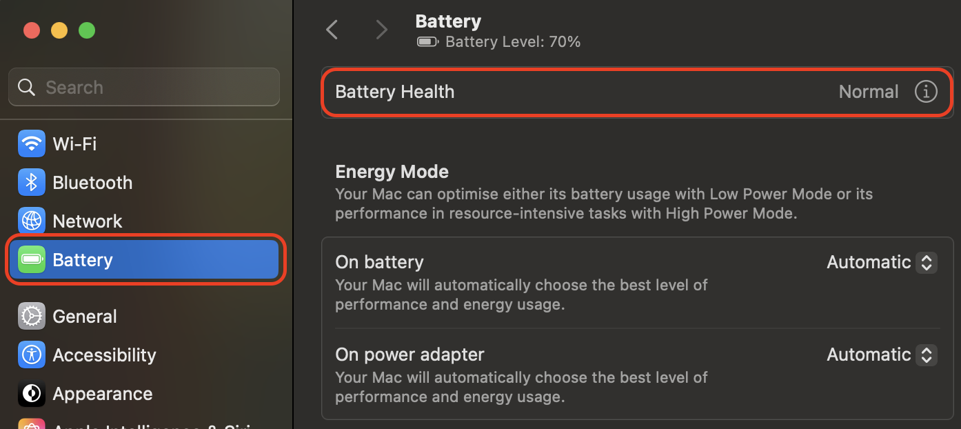 Open System Settings, select Battery > Battery Health, and review the condition message to determine whether battery issues are contributing to overheating or slowdowns.