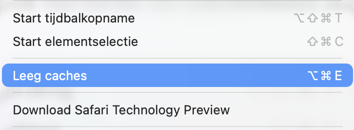 Wanneer het tabblad ‘Ontwikkelaar’ zichtbaar wordt, kun je in de menubalk bovenaan ‘Lege caches’ selecteren. Je DNS-caches worden vervolgens uit je browser verwijderd.