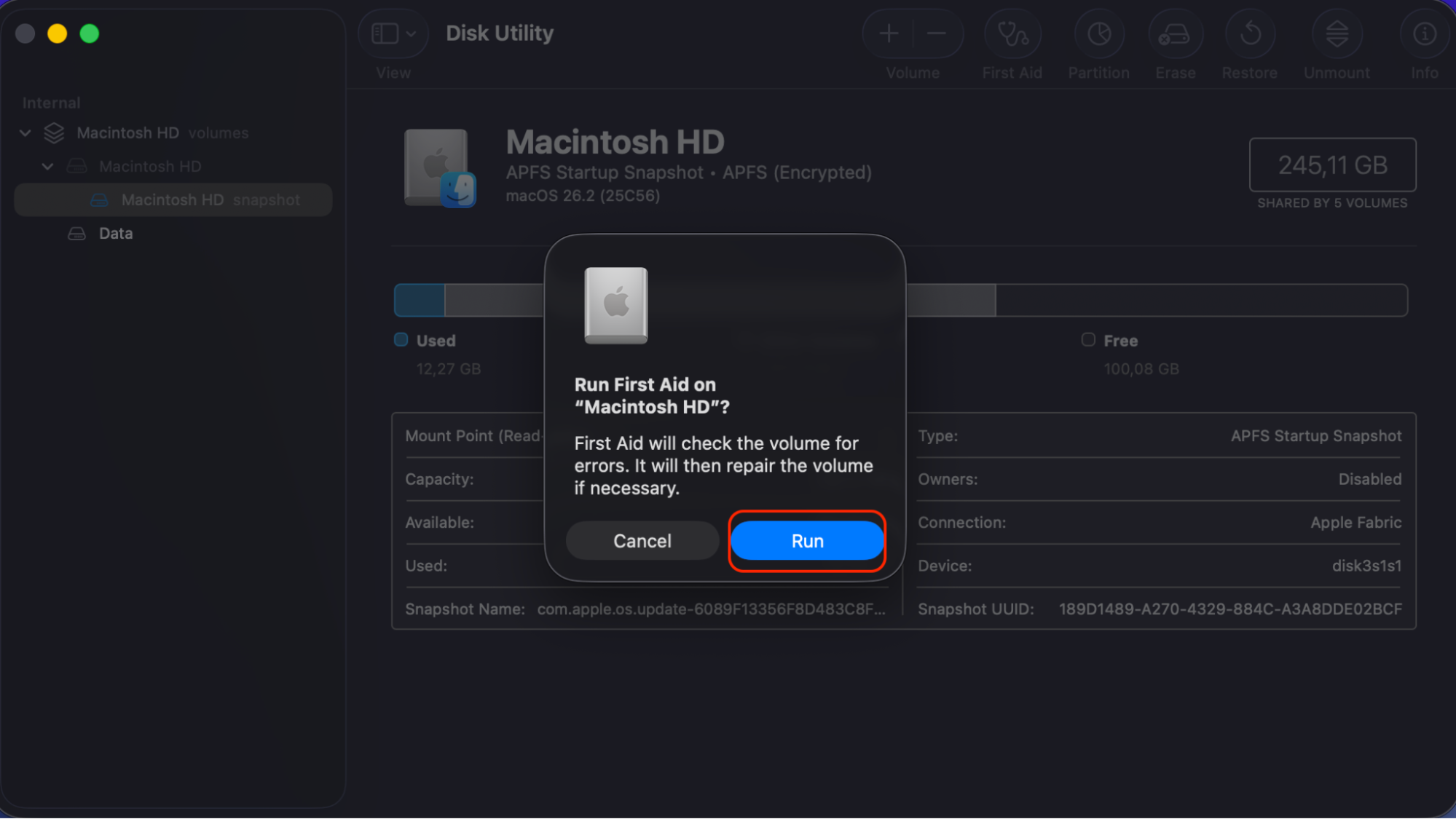 While you see the pop-up notification from Disk Utility, confirm to Run.