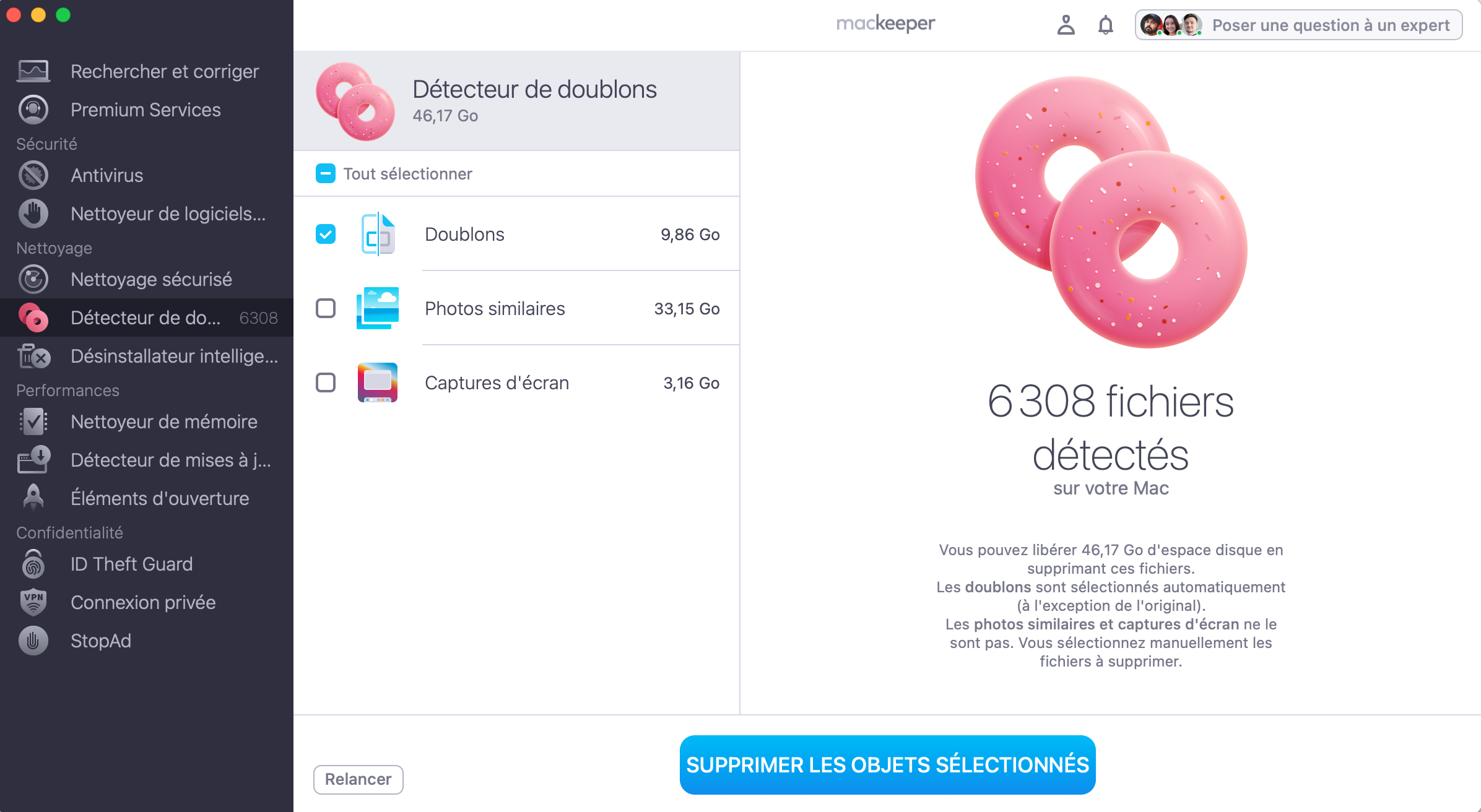 Le Détecteur de doublons de MacKeeper effectuant une analyse et supprimant des photos en double.