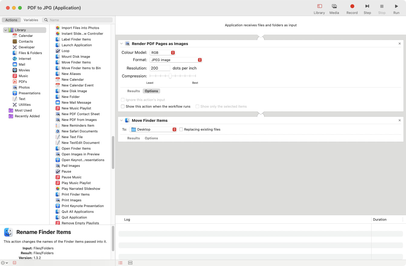 Select 'Render PDF Pages as Images' and drag it into the window on the right-hand side. Choose 'JPEG' and your quality settings. Next, drag in 'Move Finder Items' and select a location. Save your application.