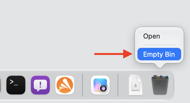 macOS Dock with the Bin shortcut menu open and Empty Bin selected to fully remove Avast Secure Browser from an Apple computer.