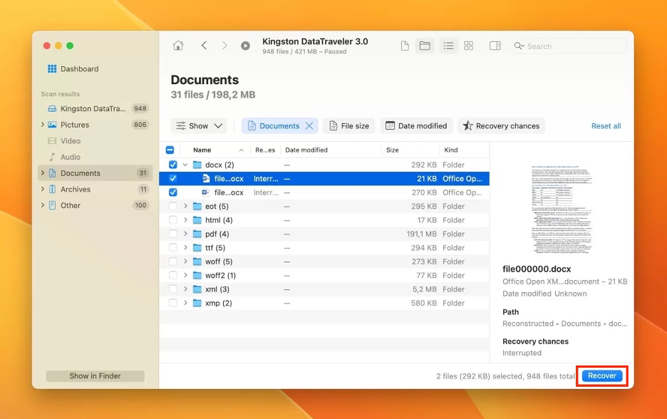 To restore a document on your Mac using Disk Drill, click on the Recover button.