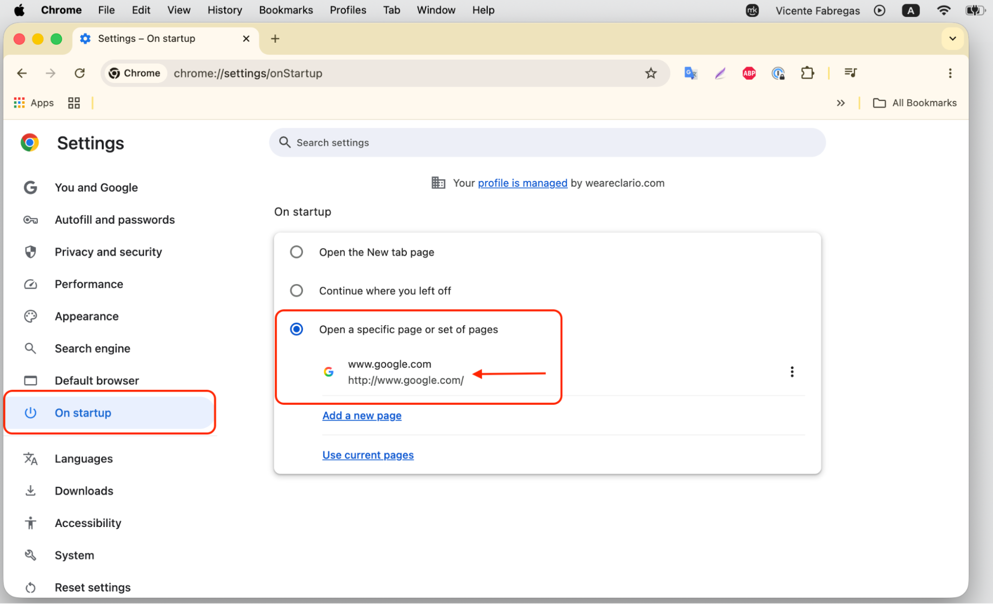 Chrome On startup settings on a MacBook confirming the Open a specific page option to undo homepage changes made by Chromium malware.