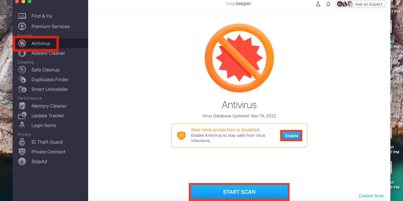 MacKeeper’s Antivirus tool is open on a Mac. Click the Start Scan and Enable buttons to look for malware and unwanted software.