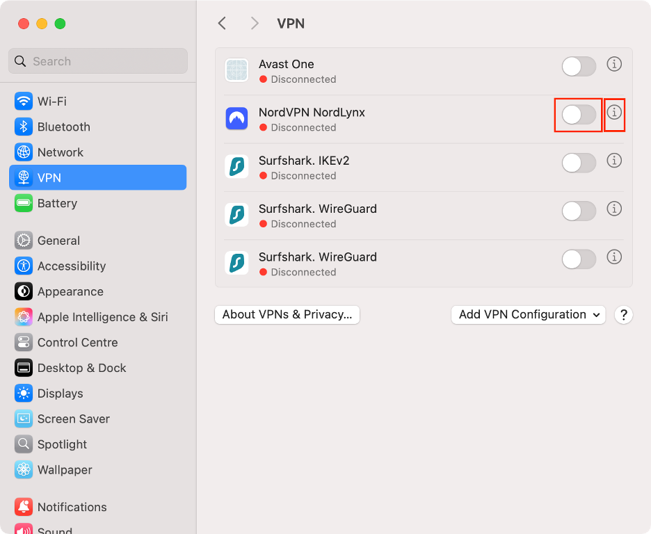 To resolve VPN conflicts with your Mac’s privacy preferences, click VPN, turn off your VPN, and click the Info button.