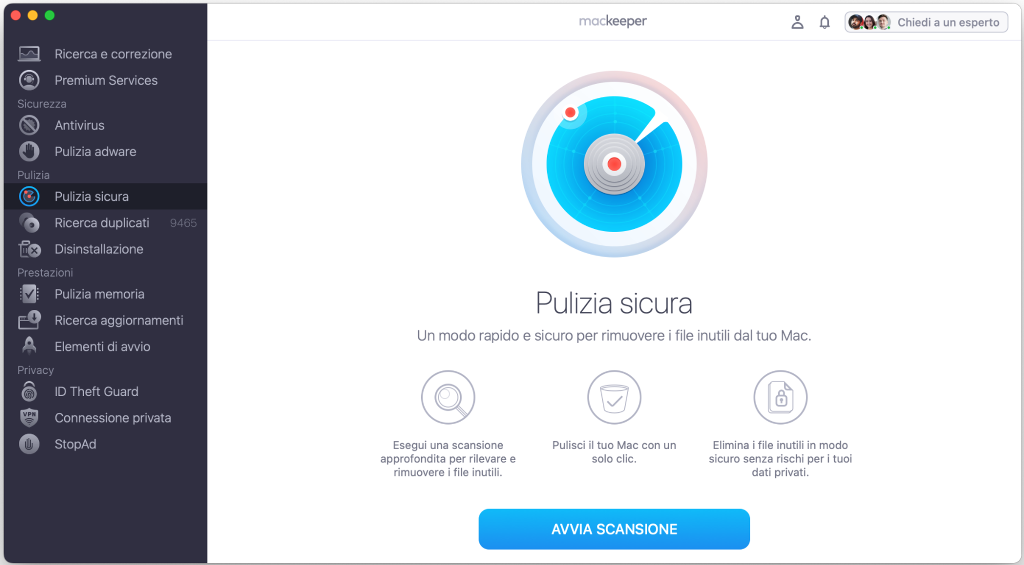 Per rimuovere i file spazzatura dal Mac, avvia MacKeeper e seleziona Pulizia Sicura, quindi fai clic su Avvia scansione.