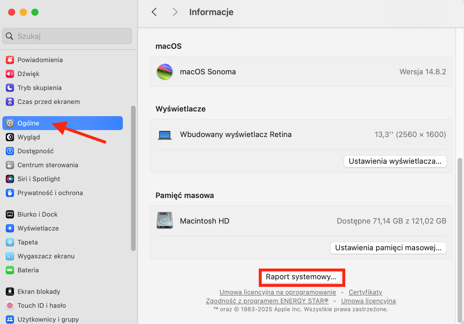 Menu Ogólne w aplikacji Ustawienia na Macu. Jeśli Twój zewnętrzny dysk twardy nie jest wykrywany na Macu, sprawdź Raport systemowy, aby zobaczyć, czy dysk został wykryty
