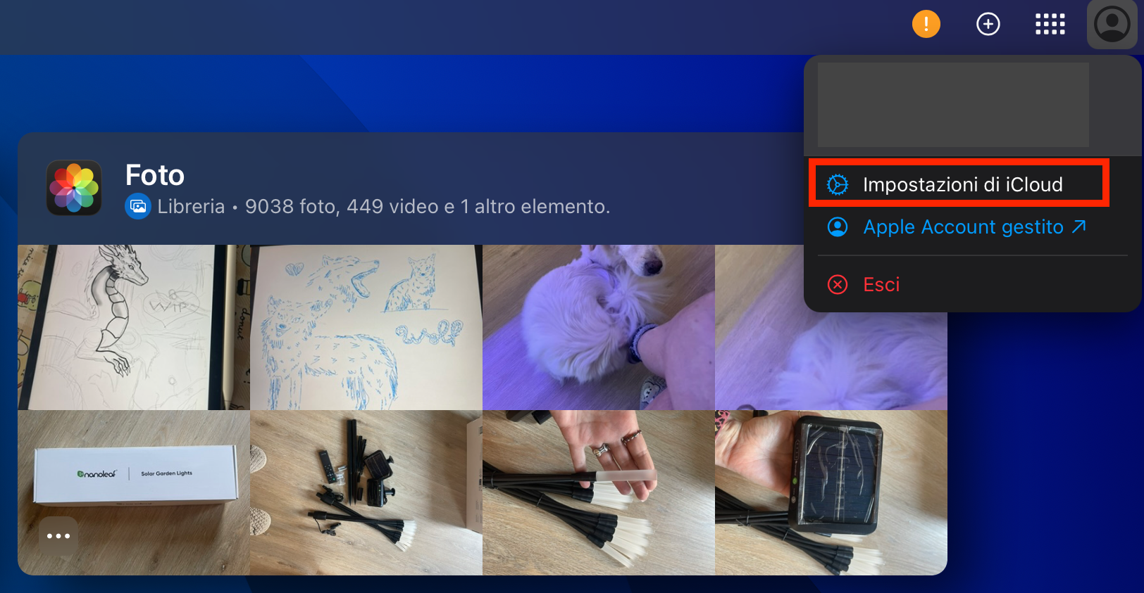 C'è un altro modo per recuperare le icone mancanti del desktop del Mac tramite iCloud Drive. Accedi a icloud.com usando il tuo Apple ID sul tuo Mac. Clicca sull'icona del tuo profilo nell'angolo in alto a destra della schermata e seleziona Impostazioni iCloud.