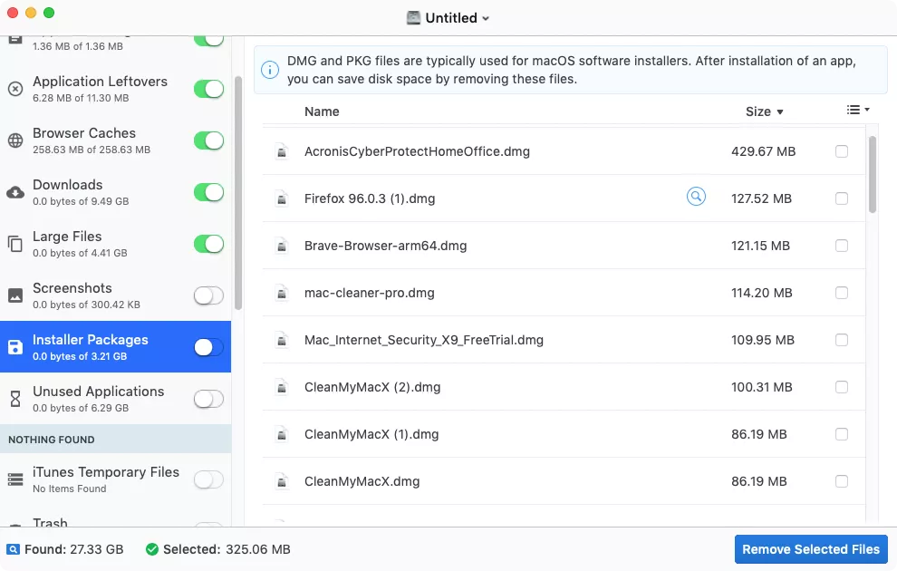 Os caches de aplicativos são outro tipo comum de arquivo temporário que pode permanecer no seu computador após a instalação de novos programas. Como é fácil se esquecer de removê-los manualmente, o Disk Doctor Pro ajuda nessa tarefa por meio da seção Installer Packages.