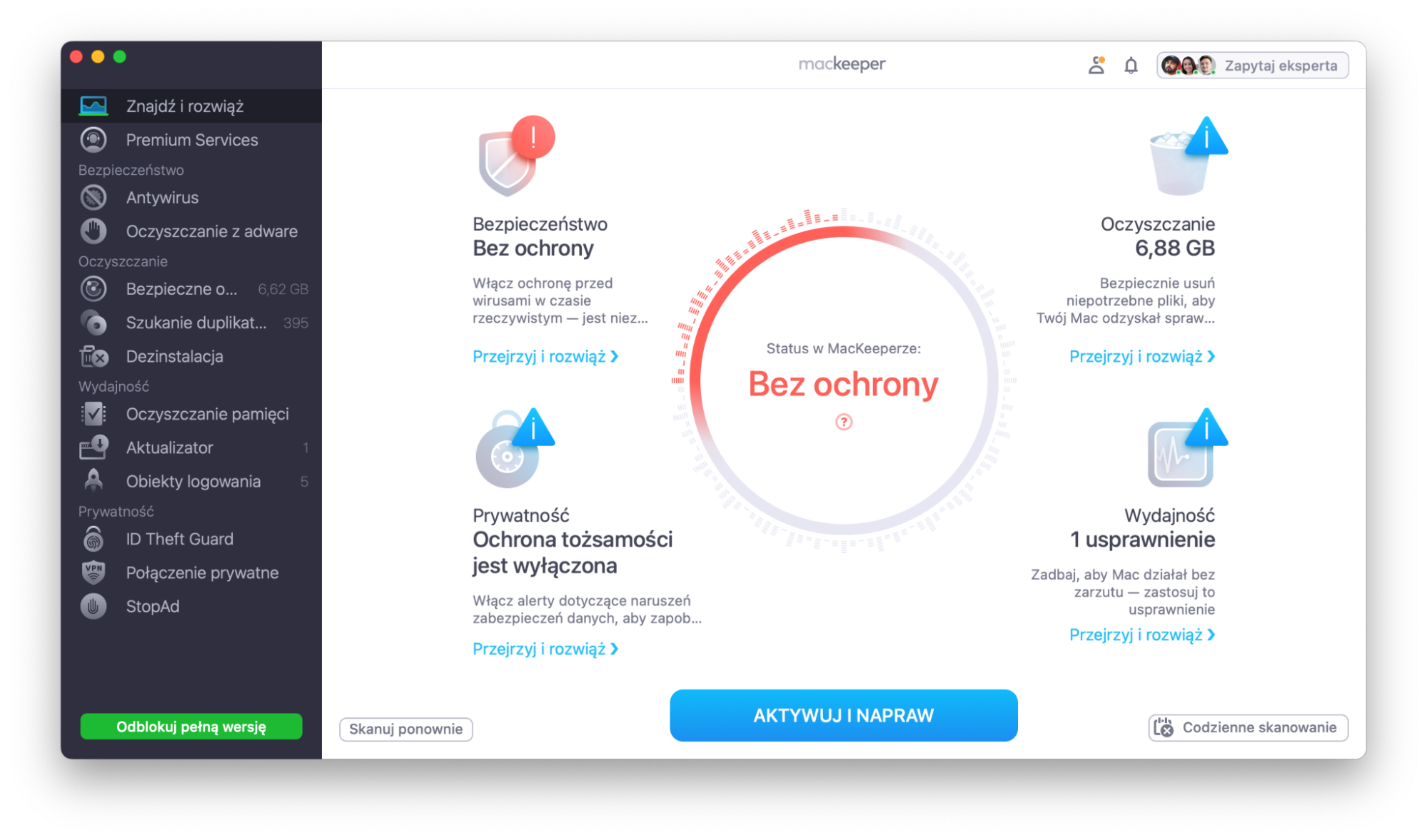 Poczekaj, aż aplikacja MacKeeper zakończy proces skanowania, aby zidentyfikować możliwą przyczynę usterki dysku twardego. Następnie rozwiąż problem za pomocą funkcji Aktywuj i napraw.