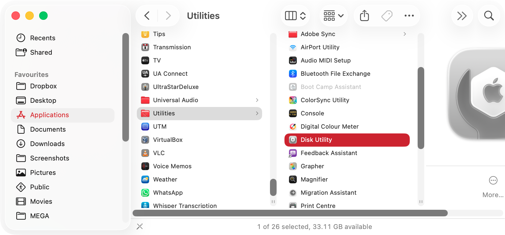 It's possible that some data is corrupted on your external drive. If that's the case, then it could lead to the 100006 error code. To fix it, start by opening your Disk Utility app in Applications > Utilities.