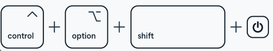 To reset SMC on an Intel-based Mac, start by powering down your device. To turn it back on, hold down Shift + Control + Option and the Power button for 10 seconds.