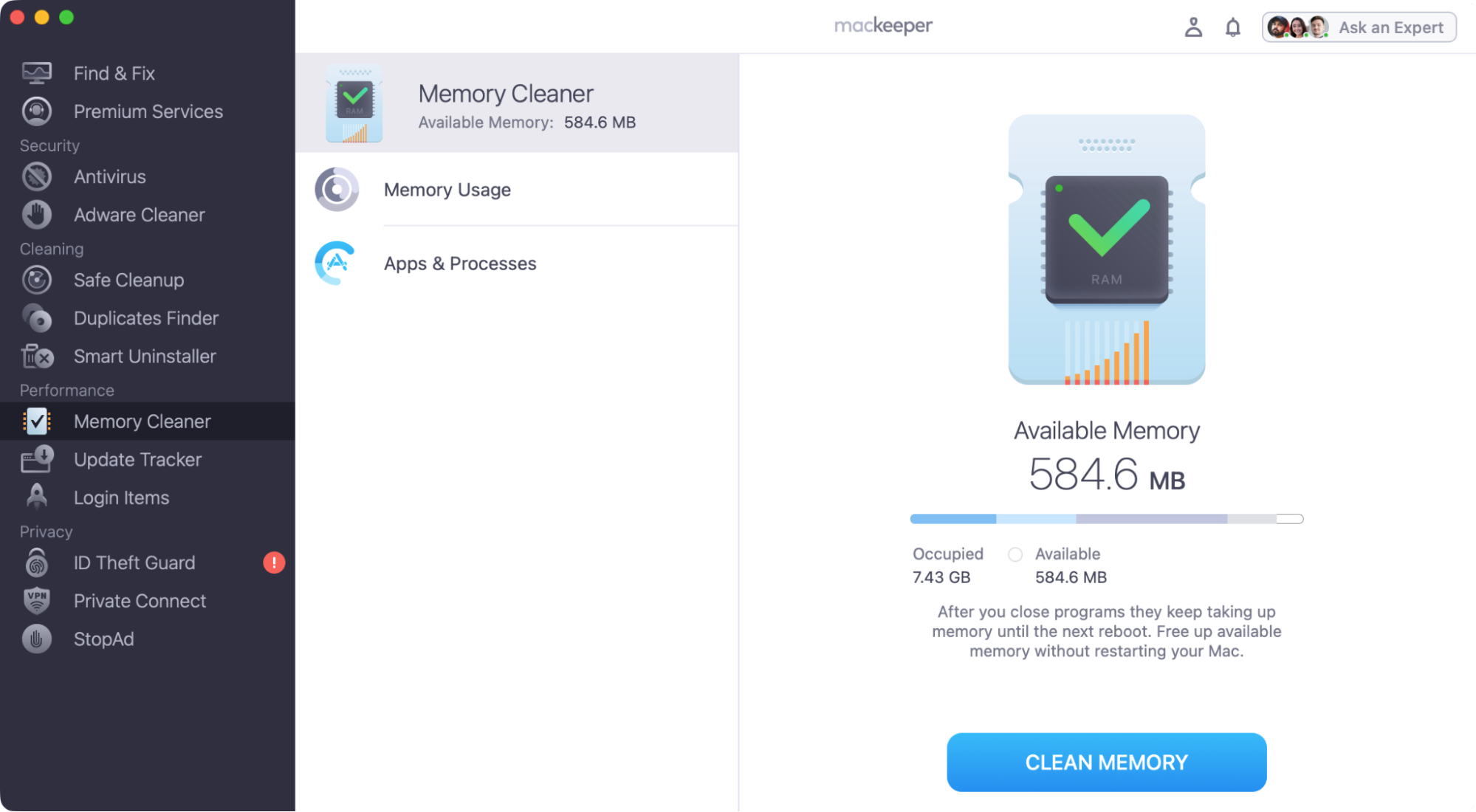 Memory Cleaner will show you how much random access memory (RAM) you currently have available to you. Now, simply select the Memory Cleaner option in the list, and click the 'Clean Memory' button.
