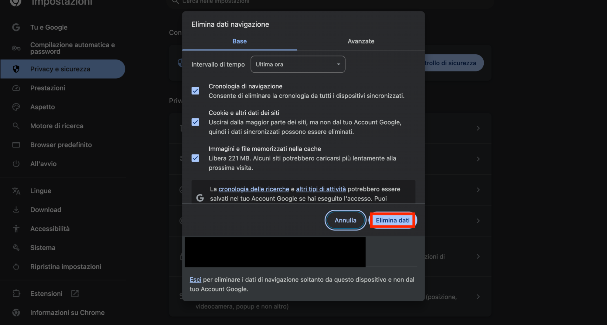 Nella finestra appena aperta selezionare la tipologia di file temporanei e confermare la rimozione cliccando sul pulsante Cancella dati.