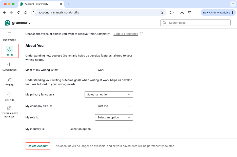 To deactivate your Grammarly account from a Mac, click the Delete Account button.