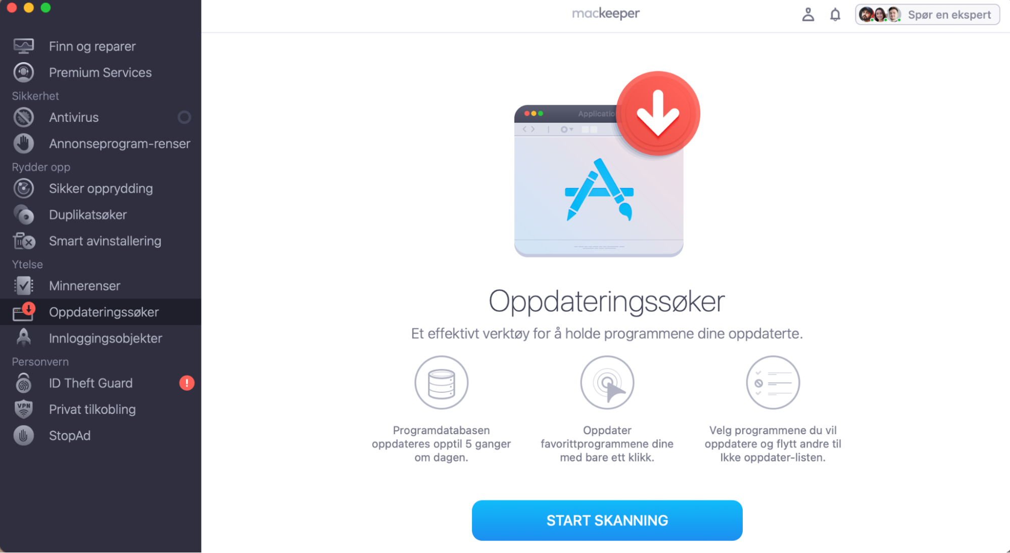 For å sjekke om appene trenger oppdatering, kan du bruke MacKeepers Oppdateringssøker. Start MacKeeper, velg Oppdateringssøker, og klikk på Start skanning.