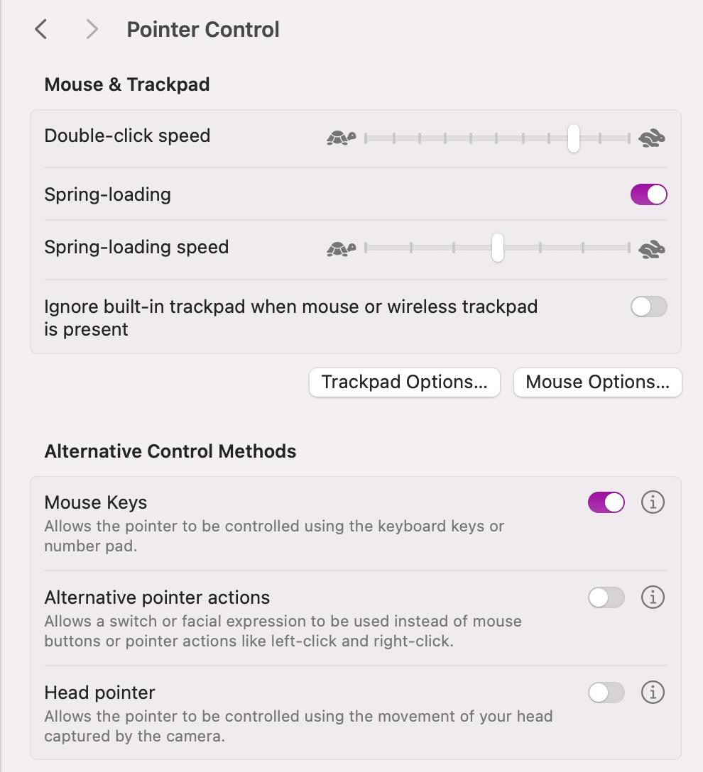 You can use keyboard shortcuts to double-click, but they do need to be enabled first. To enable them, open System Settings. Then head to Accessibility > Pointer Control and then make sure you’re in the Mouse & TrackPad settings. From there, enable Mouse Keys. Now you’ll be able to triple-press the Touch ID button or Comm+Opt+F5 to double-tap.