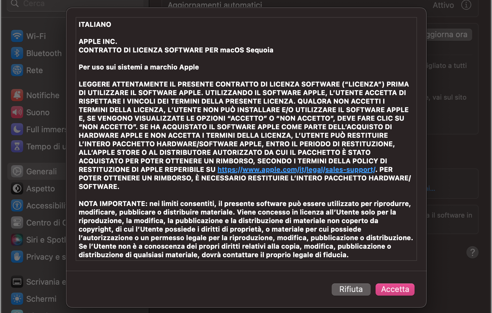 Prima di installare l’aggiornamento, dovrai accettare i termini e le condizioni di Apple. Clicca su Accetto per continuare.