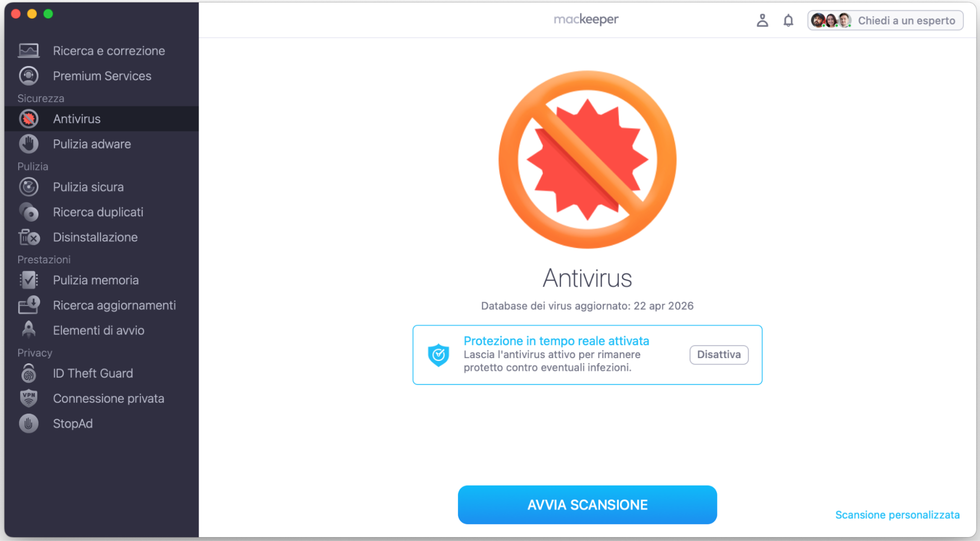 Avvia MacKeeper e seleziona Antivirus dal menu laterale sinistro. Clicca il pulsante Avvia Scansione.